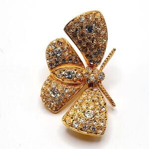 Vintage Joan Rivers Trembler Butterfly Brooch, Gold Plated Rhinestone Moth Pin
